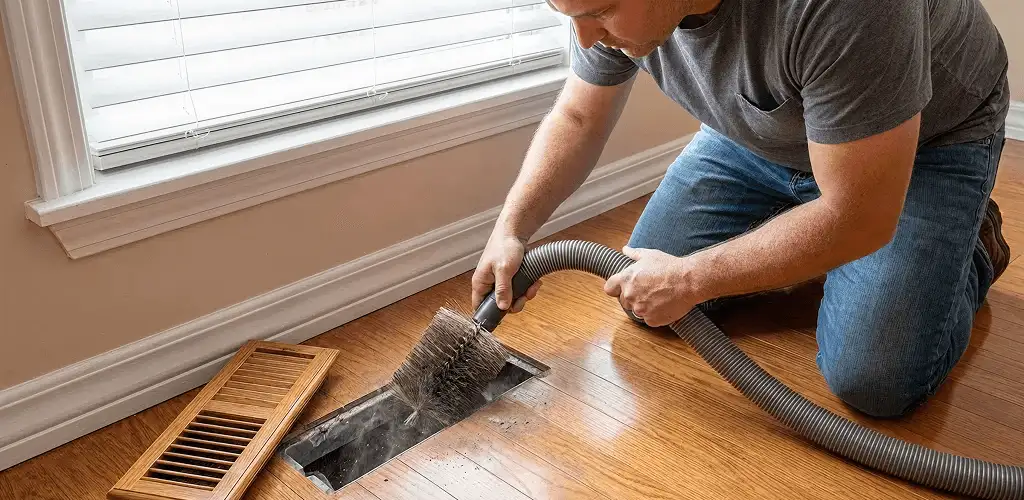Air duct cleaning technician vacuuming a floor vent and duct opening in Baton Rouge, LA