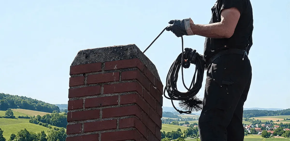 Chimney sweep inspecting and cleaning a rooftop chimney in Baton Rouge, LA