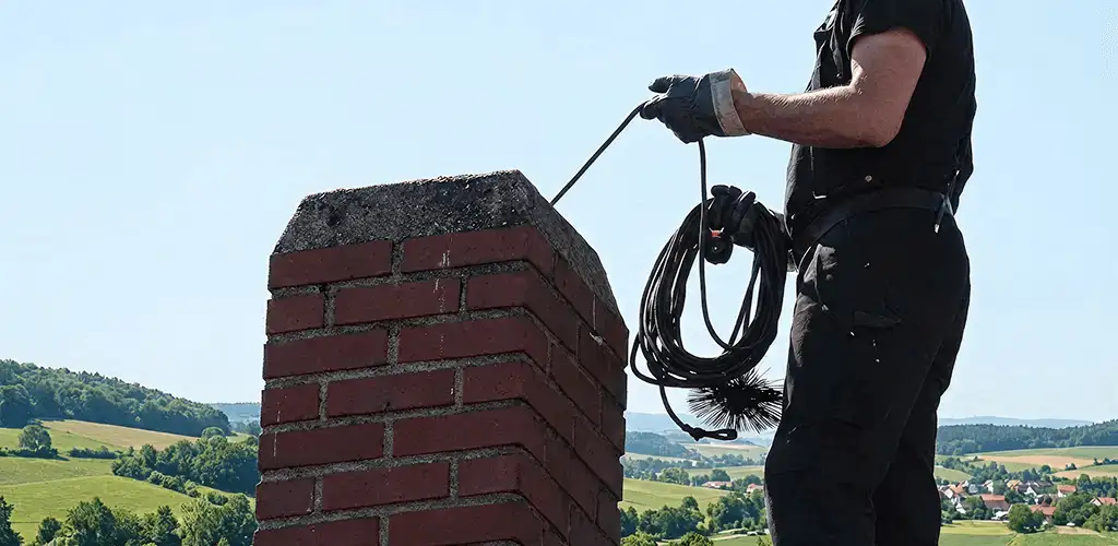 Chimney sweep inspecting and cleaning a rooftop chimney in Baton Rouge, LA