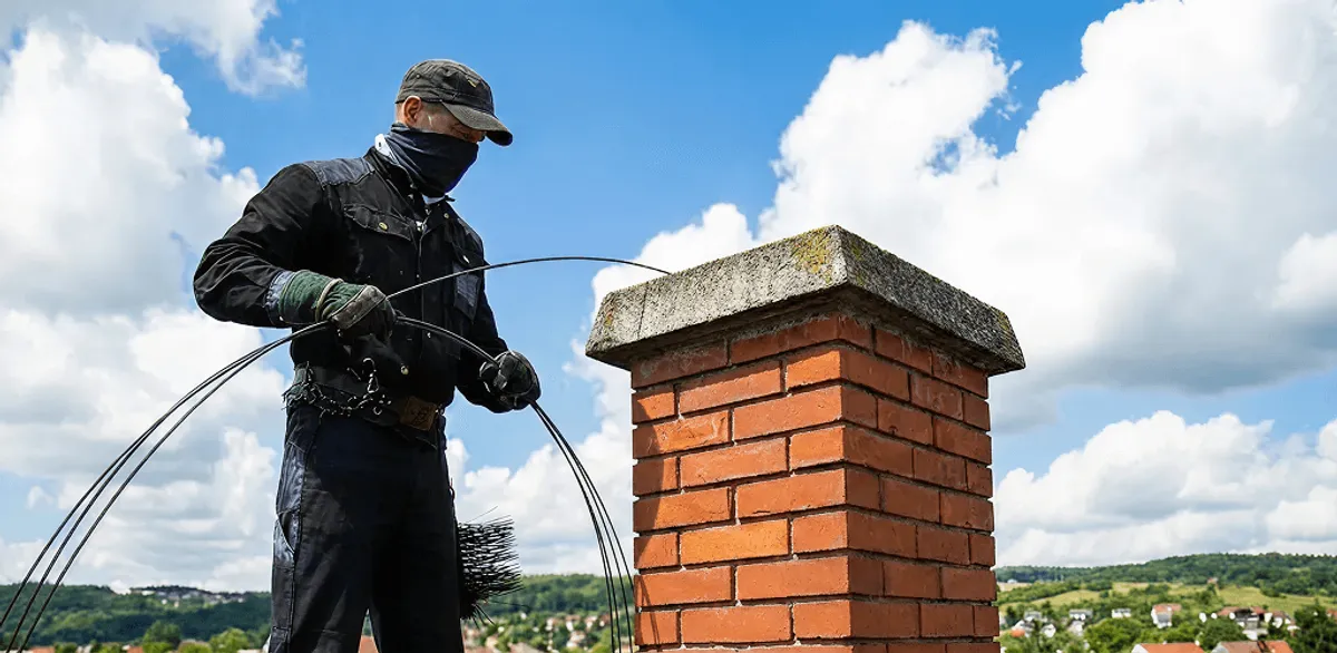 Chimney sweep cleaning a brick chimney with professional tools in Baton Rouge, LA