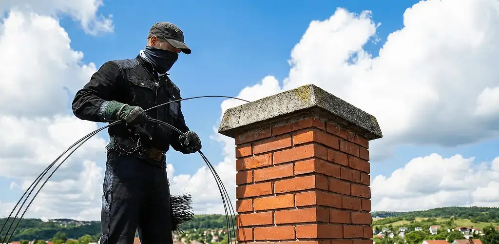 Chimney sweep cleaning a brick chimney with professional tools in Baton Rouge, LA