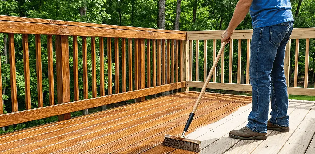 Deck staining and sealing application on a wood deck in Baton Rouge, LA