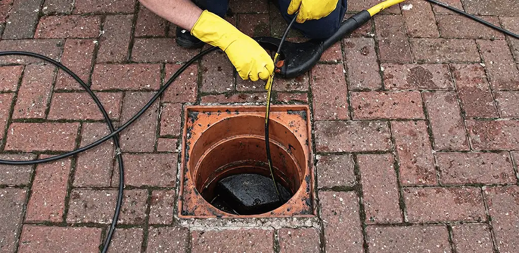 Drain cleaning technician using a drain snake to clear a clogged drain in Baton Rouge, LA