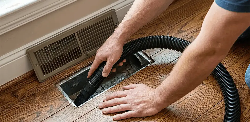 Air duct cleaning technician vacuuming a floor register and duct opening in Baton Rouge, LA