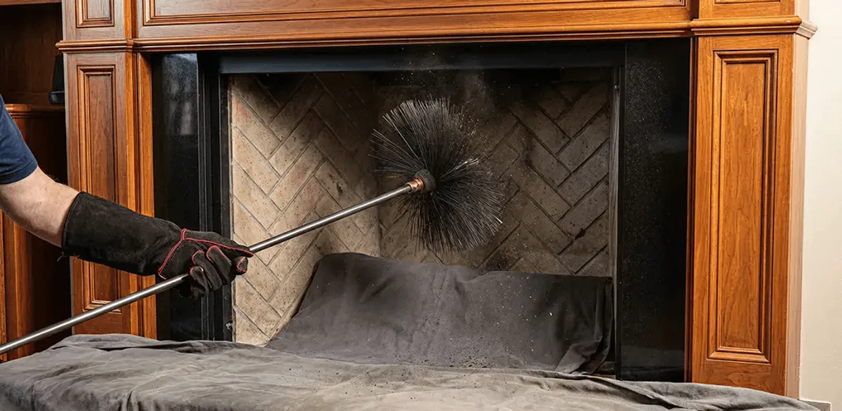 Chimney cleaning service brushing soot from a fireplace and flue in Baton Rouge, LA