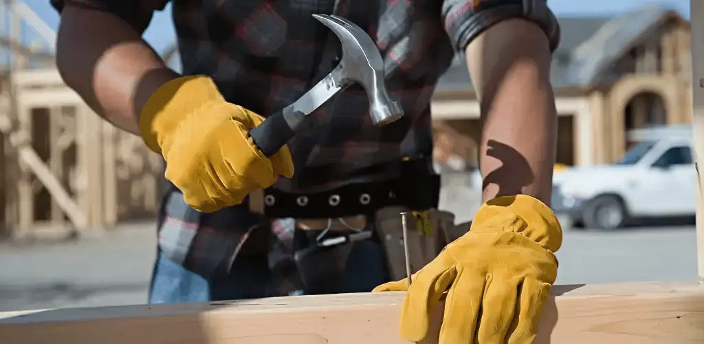 Handyman fixing wood trim with a hammer for home repairs in Baton Rouge, LA