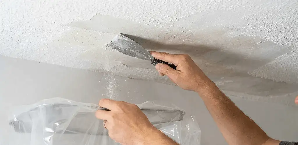 Popcorn ceiling removal technician scraping texture from a ceiling in Baton Rouge, LA
