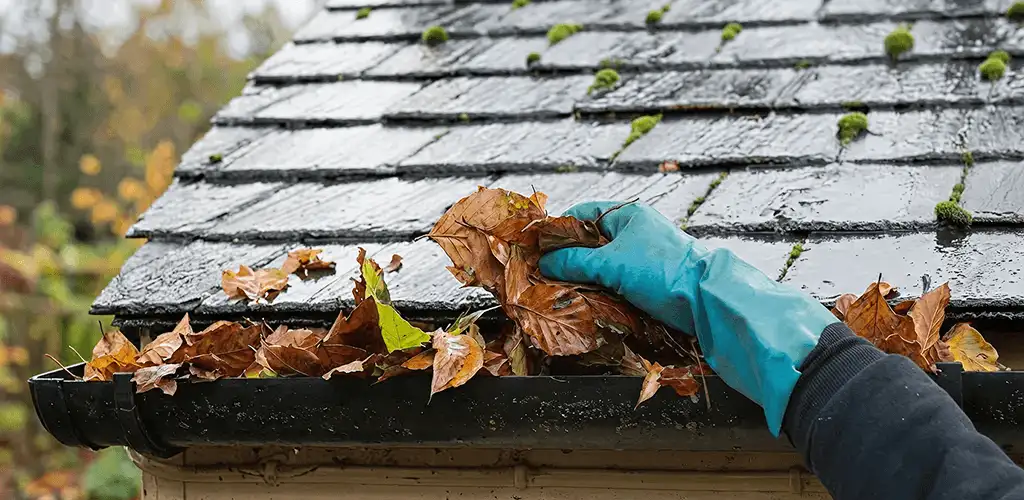 Gutter cleaning technician clearing wet leaves from roof gutters in Baton Rouge, LA