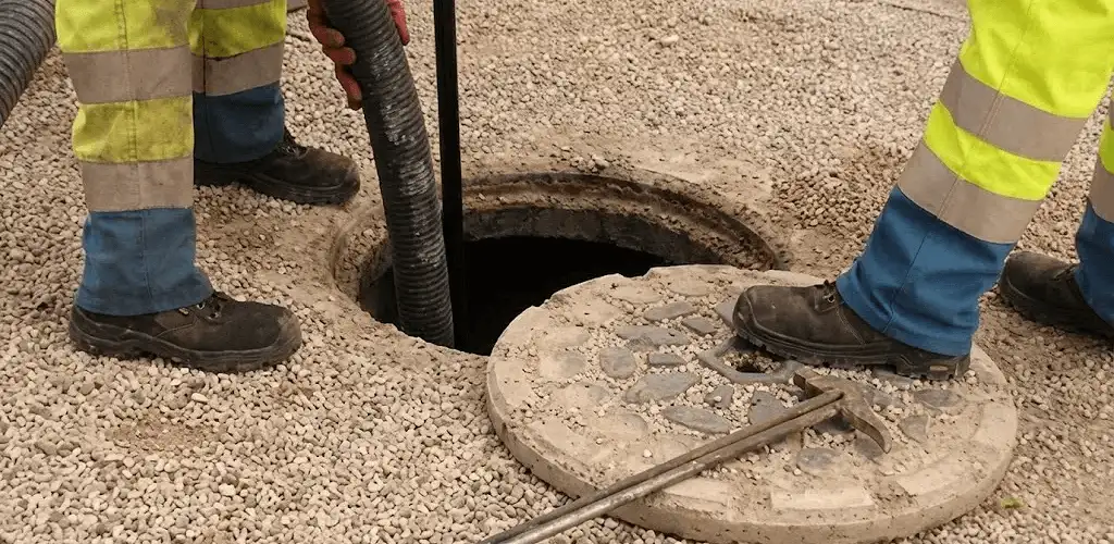 Drain cleaning crew clearing a sewer access point with professional equipment in Baton Rouge, LA