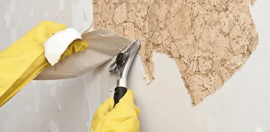 Wallpaper removal service stripping old wallpaper from a wall in Baton Rouge, LA